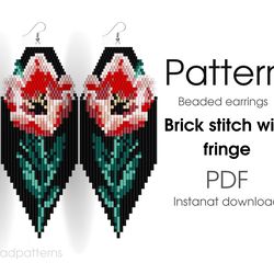 Poppy flower Earring pattern for beading - Brick stitch pattern for beaded fringe earrings Bead weaving. Flowers