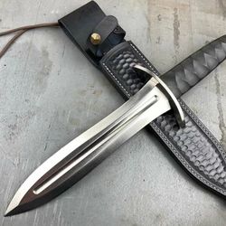 beautiful custom-made carbon steel dagger knife, 12 inches long, with leather sheath.