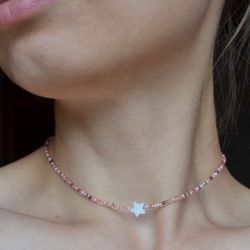 Beaded necklace, Pink nacre star necklace, Summer Beach Choker, Trendy chocker