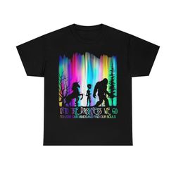 into the darkness we go bigfoot alien unicorn hiking travel t-shirt