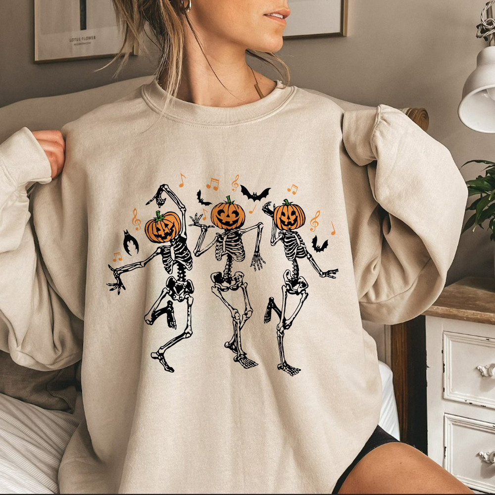 Dancing Skeleton Sweatshirt, Pumpkin Sweater, Pumpkin Skeleton Shirt, Fall Sweatshirt, Halloween Party Shirt, Spooky Season Sweatshirt - 1.jpg