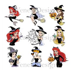 9 files princess halloween svg, disneyprincess png, princess set, cliparts princesses, layered by color