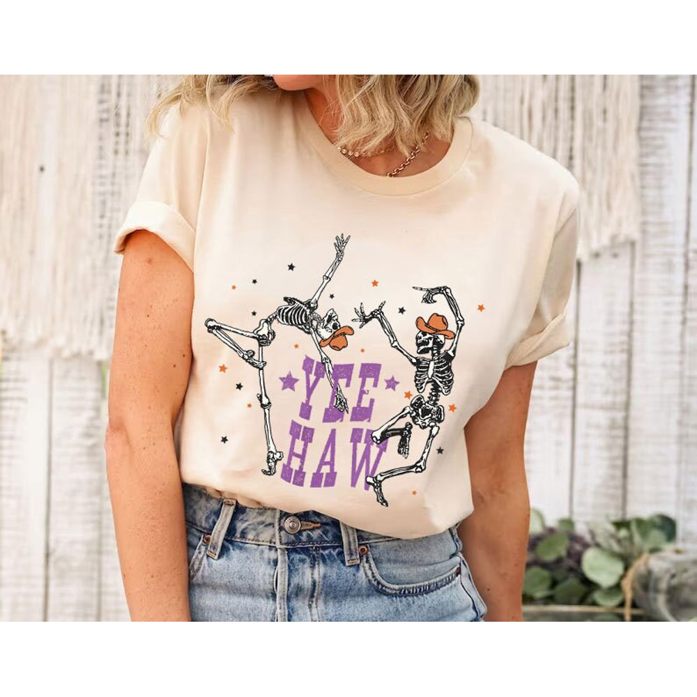 Yee Haw Skeletons Halloween Shirt, Spooky Season T-Shirt, Yeehaw Halloween Sweatshirt, Skeleton Dancing Tee, Boo Haw Western Shirt - 1.jpg