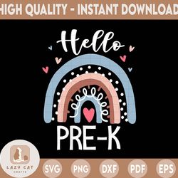 hello pre k funny boho rainbow back to school png, pre-k teacher png, rainbow png instant download