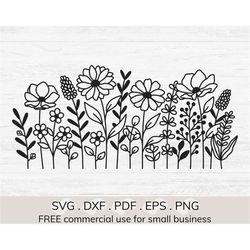 wildflowers svg, flower garden svg, floral line art svg, boho plant svg, daisy svg files for cricut, spring flowers svg