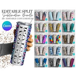 50 editable split seamless tumbler mega bundle, editable canva template, 20oz sublimation tumbler design bundle, add you