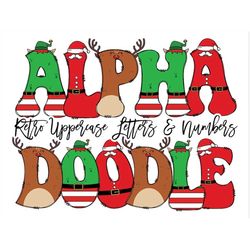 christmas doodle letters and numbers, uppercase alphabet set, retro christmas sublimation letters, santa, elf, reindeer