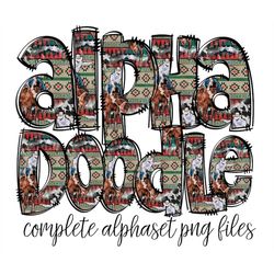 horse western doodle letters, hand drawn doodle alpha bundle patterned numbers & alphabet doodle set sublimation font pn