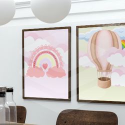 Pink Wall Art For Babys Room Nursery Hot Air Baloon And Canvas Rainbow Painting Modern Artwork Cute Finish Home decor