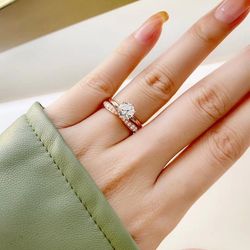 Brilliant 2 CT Zirconia Engagement Ring Set, Platinum Plated Sterling Silver Wedding Ring, Bridal Ring Set