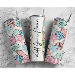 seashells seamless, under the sea add your own name, 20oz tumbler wrap, seamless skinny tumbler, sublimation design png