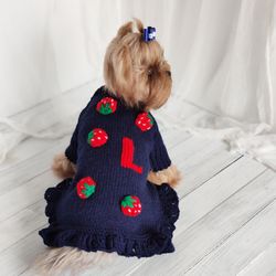 Handmade dog sweater with initial Strawberry cardigan for small dog Personalized dog jumper Indigo blue Dog lover gift