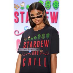 stardew and chill new, retro vintage pixel 8-bit game t-shirt, farming harvst moon rpg video game tee