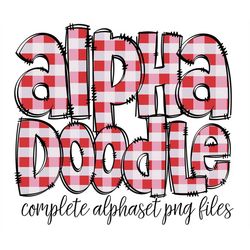 gingham doodle letters, red plaid hand drawn doodle alpha bundle, sublimation font png, patterned numbers & alphabet,