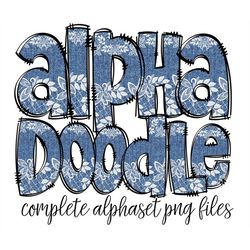 denim lace doodle letters, hand drawn doodle alpha bundle patterned numbers & alphabet doodle set sublimation font png