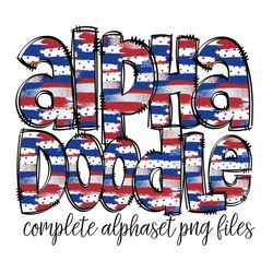 usa red white blue doodle letters, hand drawn doodle alpha bundle, sublimation font png, patterned numbers & alphabet,