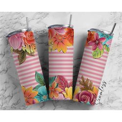 flowers on pink stripes 20oz tumbler wrap, seamless skinny tumbler, sublimation design png - 1374