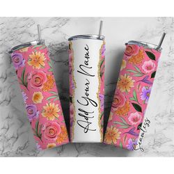 watercolor florals, flower background add your own name, 20oz sublimation tumbler designs, skinny tumbler wraps template