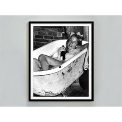 Woman Drinking Wine in Bathtub Print, Black and White, Vintage Photo, Feminist Poster, Girls Bathroom Decor, Bar Cart Wa