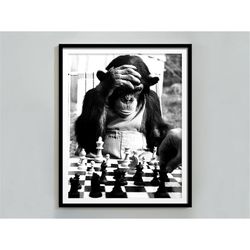 Checkmate Print, Monkey Playing Chess, Black and White Wall Art, Vintage Photography Print, Monkey Poster, Funny Wall Ar
