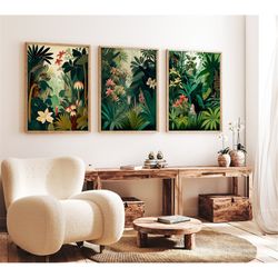 henri rousseau floral set of 3 floral posters, boho leaf floral wall print, tropical decor, jungle aesthetic, tropical d