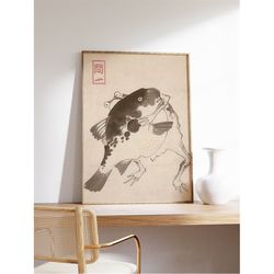 japanese frog and fish poster, japanese woodblock print, oriental art, animal art, animal poster, cat gift idea, animal