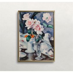 pink roses in glass vase | vintage wall art | antique wall decor | victorian print | soft pastel colors |  flowers | pri