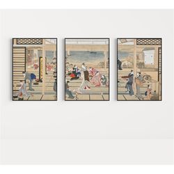 japanese set of 3 posters, utamaro moonlight - revelry at dozo sagami, japanese art print, oriental poster sets, gift id