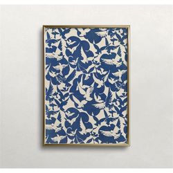 bird pattern art, abstract wall art, vintage pattern art, blue and white decor, pigeons print, digital download, printab