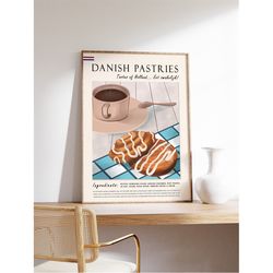 danish pastry food poster, food art, pastry poster, breakfast print, breakfast art, coffee art, kitchen poster, retro pr
