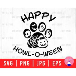 happy howl-o-ween svg png eps jpg files | happy halloween dog paw svg files for diy t-shirt, sticker, mug, tumbler, gift