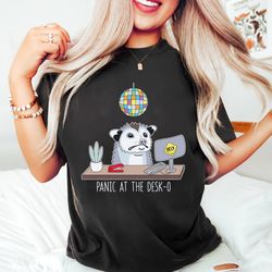 panic at the desk-o-possum t-shirt, unisex jersey short sleeve tee, print opossum meme, cute funny office possum anxiety