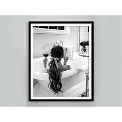 feminist poster, woman drinking wine & reading in bathtub print, black and white, alcohol wall art, girls bathroom decor