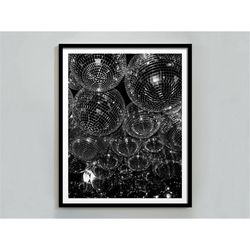 disco ball 70s print, mirrorball poster, black and white, preppy wall art, funky poster, disco bachelorette party decor,