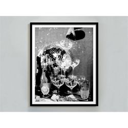 champagne flutes & disco ball poster, black and white, bar cart print, cocktail wall art, alcohol print, bachelorette pa
