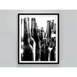 beer bottles poster, bar cart print, black and white, alcohol wall art, home bar, vintage bar decor, dining room wall ar