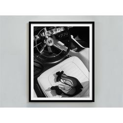 vintage car poster, black and white, fashion print, high heels, feminist wall art, teen girl room decor, hypebeast wall