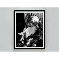 disco ball head poster, black and white, fashion poster, retro wall art, feminist print, bachelorette party, teen girl r