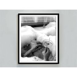 woman drinking martini in bathtub print, black and white, feminist poster, martini wall art, bar cart wall art print, gi