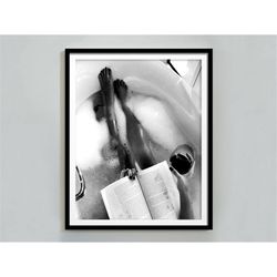 woman drinking wine & reading in bathtub print, feminist poster, black and white, cocktail wall art, girls bathroom deco