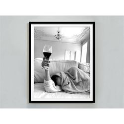 woman drinking wine in bed print, bar cart wall art, black and white, alcohol poster, teen girl room decor, bedroom wall