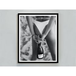 feminist poster, woman drinking wine in beach print, summer poster, black and white, alcohol wall art, bar cart print, t