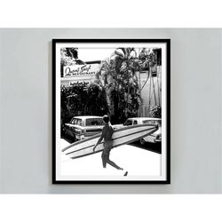 vintage surf in hawaii poster, surfboard wall art, black and white, vintage photography, summer poster, beach house deco
