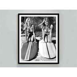 Women Surfers, Vintage Beach Print, Surfboard Wall Art, Black and White, Vintage Photography, Summer Poster, Beach House