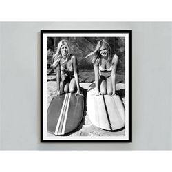 women surfers, vintage beach print, surfboard wall art, black and white, vintage photography, summer poster, beach house