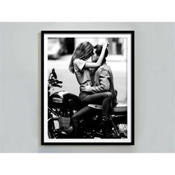 romance on the motorcycle print, black and white, vintage poster, romantic wall art, couple poster, romantic bedroom dec