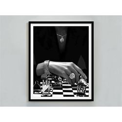 woman playing chess poster, black and white, high fashion print, feminist poster, luxury wall art, teen girl bedroom dec