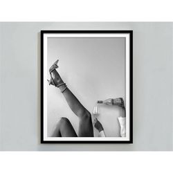 high heels woman wine print, black and white, bar cart wall art, fine art print, teen girl room decor, digital download,