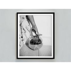 high heels on disco ball poster, black and white, fashion print, disco bachelorette, feminist print, feminine wall art,