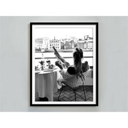 woman drinking coffee poster, feminist print, black and white, kitchen wall art, coffee shop decor, teen girl room decor